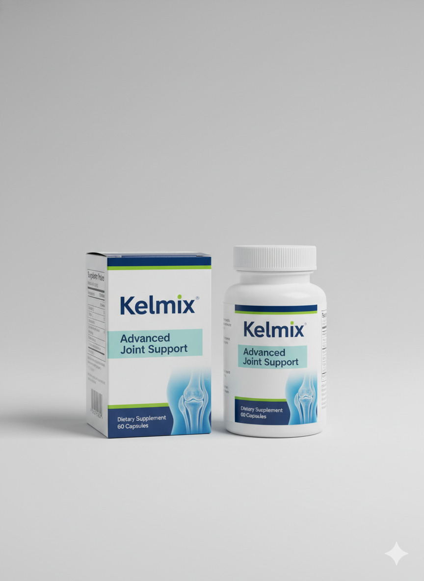 Kelmix supplement bottle and labelled carton on a neutral surface